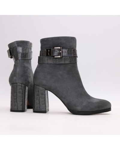 Ботильоны из серого велюра с ремешком и каблуком под рептилию Арт. 52-3Ок-53738