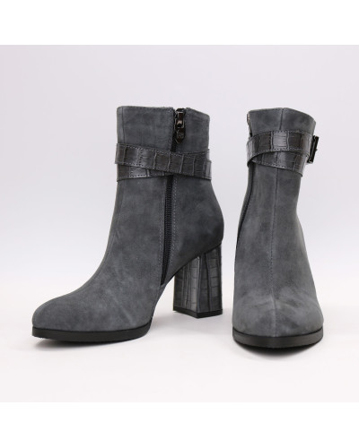 Ботильоны из серого велюра с ремешком и каблуком под рептилию Арт. 52-3Ок-53738