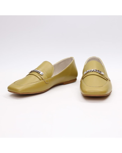 Оливкові шкіряні балетки з квадратним носком і фурнітурою (Арт. 072‑4‑3827)