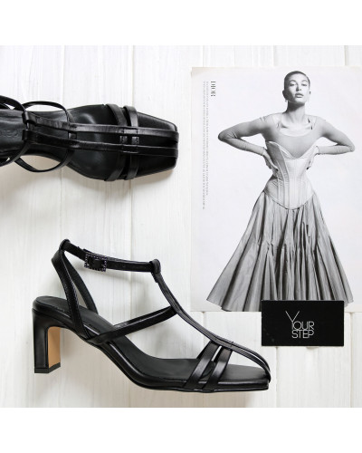 Босоніжки з чорної шкіри з квадратним носом Арт. 667-6/6045Kr