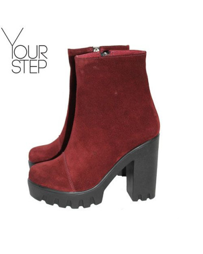 Полусапоги из бордовой замши на тракторном каблуке Арт. 18-6