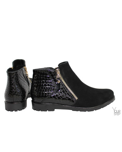 Ботинки из замши и лаковой кожи под рептилию черного цвета со змейками Арт. 235-2(М6)
