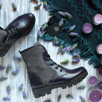 Ботинки из кожи цвета баклажан с серыми замшевыми вставками со шнуровкой на тракторной подошве Арт. 12-6(S2)