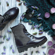 Ботинки из кожи цвета баклажан с серыми замшевыми вставками со шнуровкой на тракторной подошве Арт. 12-6(S2)