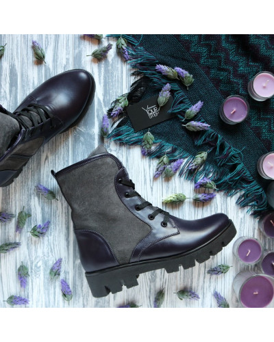 Ботинки из кожи цвета баклажан с серыми замшевыми вставками со шнуровкой на тракторной подошве Арт. 12-6(S2)