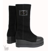 Полусапоги из черной замши с кожаным носом на высокой подошве Арт. 235-3