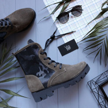 Ботинки из замши цвета капучино со вставками под камуфляж со шнуровкой на тракторной подошве Арт. 12-6(S2)