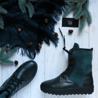 Ботинки из темно-зеленой кожи с замшевыми вставками 12-6(Ls6)