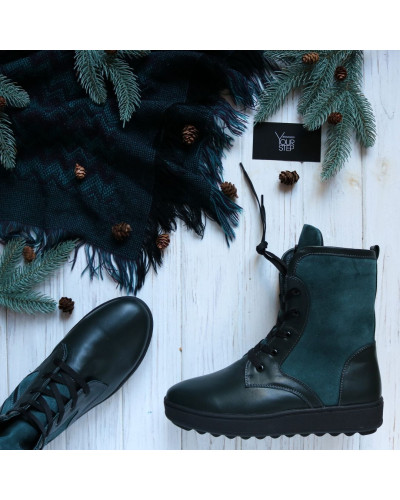 Ботинки из темно-зеленой кожи с замшевыми вставками 12-6(Ls6)