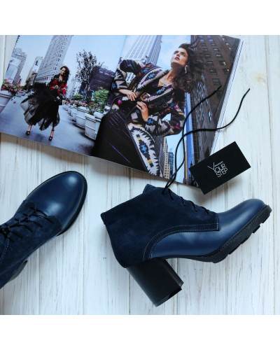 Ботильоны из кожи и замши синего цвета на устойчивом каблуке Арт. 605-8Alf