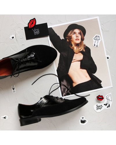 Туфли на низком ходу из черного наплака с замшевым носком Арт. 05-6(Mar4)