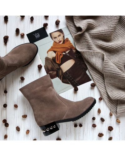 Полусапоги на каблуке из натуральной замши цвета капучино Арт. 30-4(Ir5)