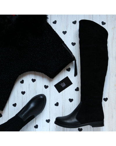 Чоботи-ботфорти із чорної шкіри та замші 12-31V