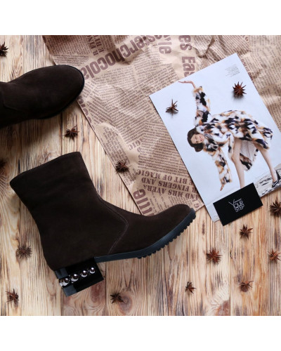 Полусапоги на каблуке из натуральной замши цвета шоколад Арт. 30-4(Ir5)