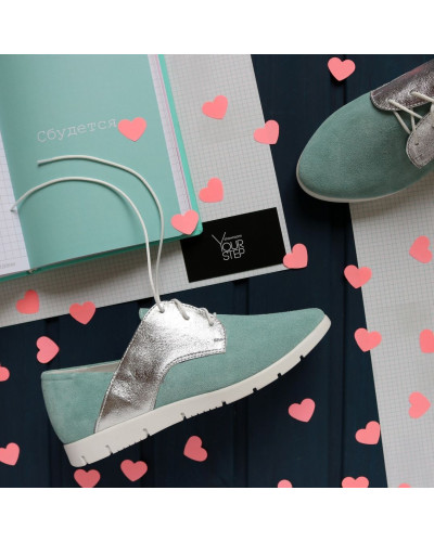 Туфли из замши бледно-бирюзового цвета с серебряными вставками Арт. 01-10Pr