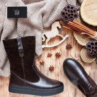 Полусапоги из кожи и замши цвета шоколад Арт. 12-2Ls