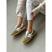 Жіночі замшеві кеди оливкового кольору з білими вставками — тренд весна-літо 2026 (Арт. 15-18/21918)